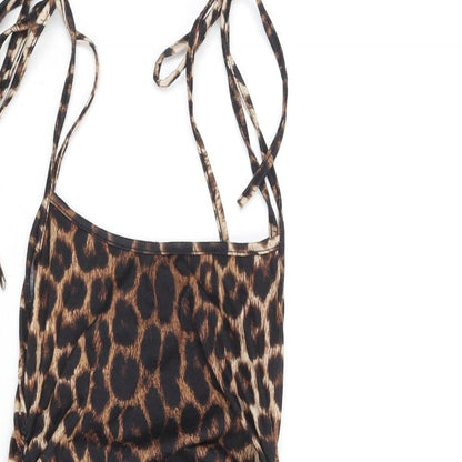 PRETTYLITTLETHING Womens Brown Animal Print Polyester Mini Size 8 Scoop Neck Pullover - Leopard Print Rouched