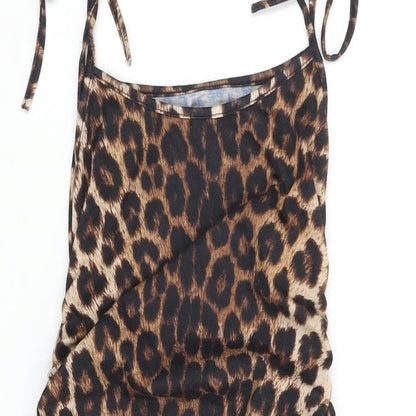 PRETTYLITTLETHING Womens Brown Animal Print Polyester Mini Size 8 Scoop Neck Pullover - Leopard Print Rouched