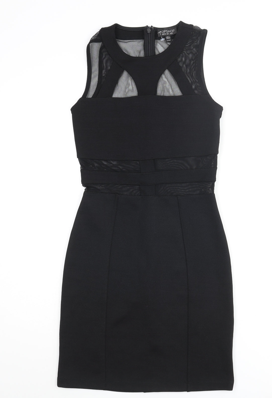 Topshop Womens Black Polyester Bodycon Size 8 Round Neck Zip - Mesh Detail