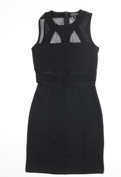 Topshop Womens Black Polyester Bodycon Size 8 Round Neck Zip - Mesh Detail