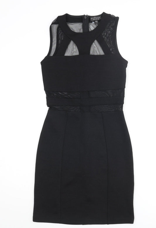 Topshop Womens Black Polyester Bodycon Size 8 Round Neck Zip - Mesh Detail