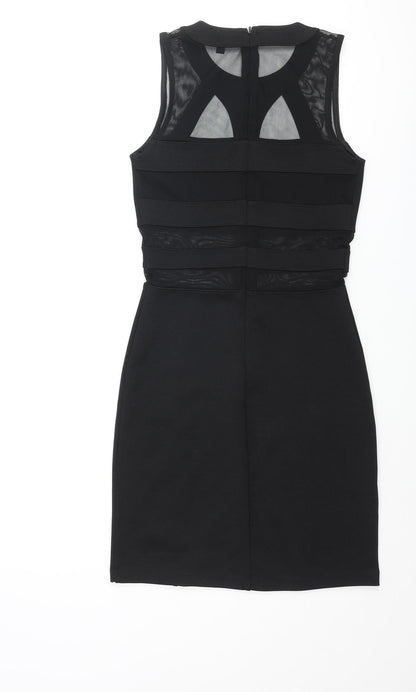 Topshop Womens Black Polyester Bodycon Size 8 Round Neck Zip - Mesh Detail