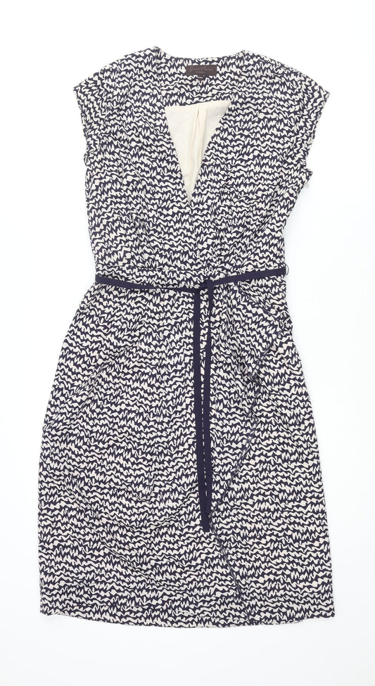 Great Plains London Womens Blue Geometric Polyester Shift Size S V-Neck Zip - Frill Belted