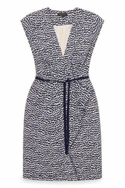 Great Plains London Womens Blue Geometric Polyester Shift Size S V-Neck Zip - Frill Belted
