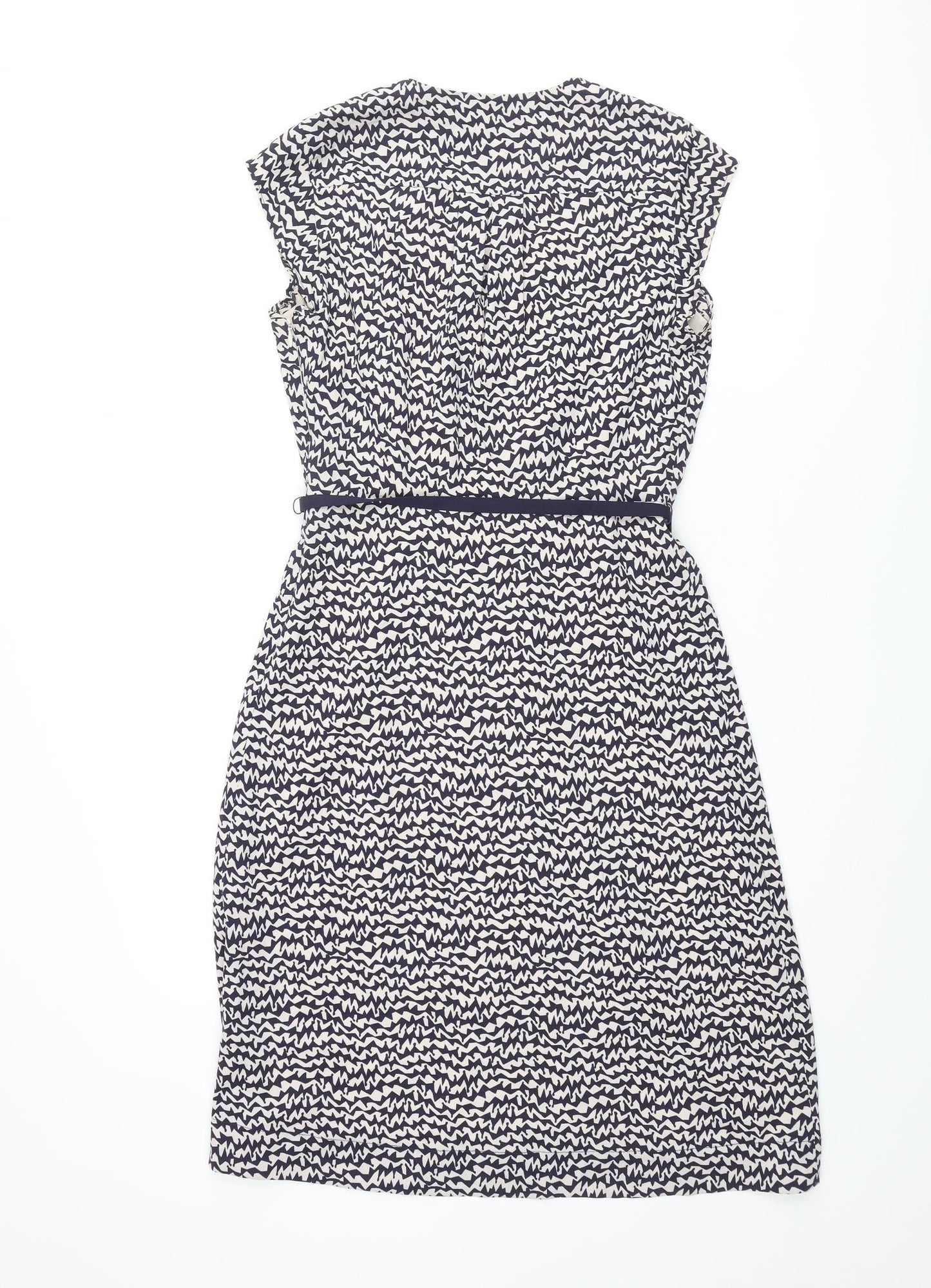 Great Plains London Womens Blue Geometric Polyester Shift Size S V-Neck Zip - Frill Belted