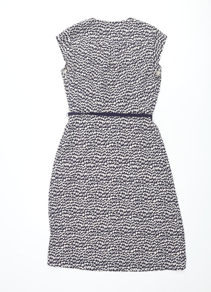 Great Plains London Womens Blue Geometric Polyester Shift Size S V-Neck Zip - Frill Belted