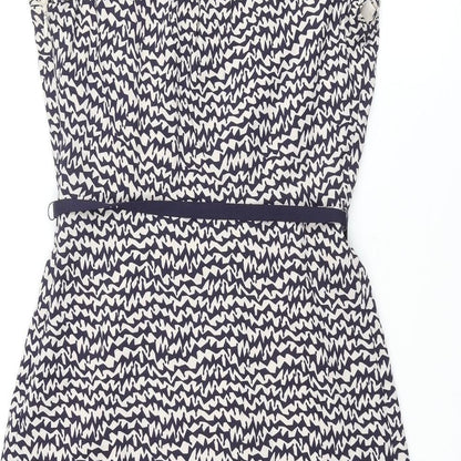 Great Plains London Womens Blue Geometric Polyester Shift Size S V-Neck Zip - Frill Belted