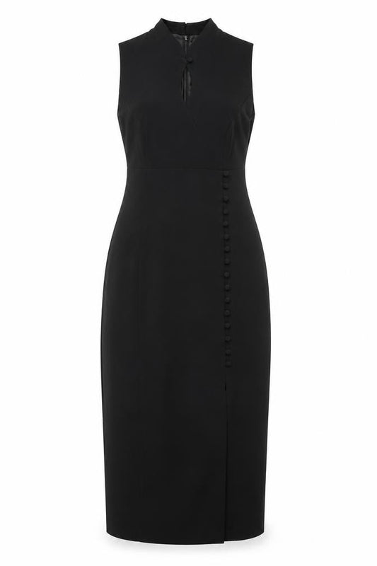 Opera Richards Womens Beige Polyester Pencil Dress Size 10 Mock Neck Zip - Button Detail Keyhole