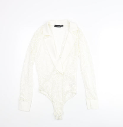 PRETTYLITTLETHING Womens Ivory Nylon Bodysuit One-Piece Size 4 Snap