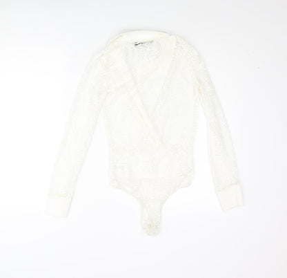 PRETTYLITTLETHING Womens Ivory Nylon Bodysuit One-Piece Size 4 Snap