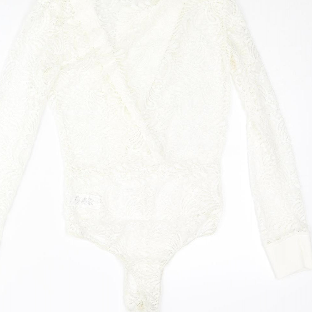 PRETTYLITTLETHING Womens Ivory Nylon Bodysuit One-Piece Size 4 Snap