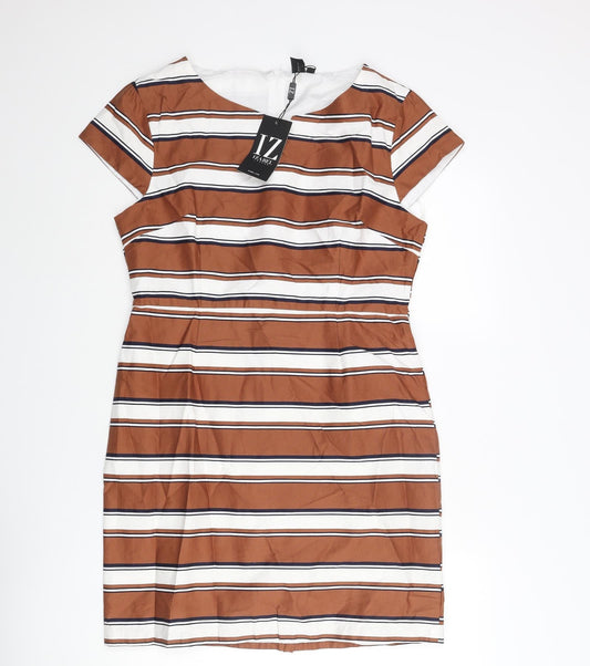 Izabel London Womens Brown Striped Cotton Shift Size 14 Round Neck Zip