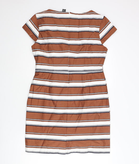 Izabel London Womens Brown Striped Cotton Shift Size 14 Round Neck Zip