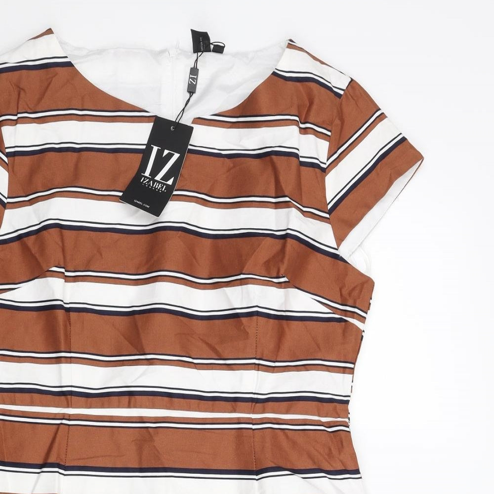 Izabel London Womens Brown Striped Cotton Shift Size 14 Round Neck Zip