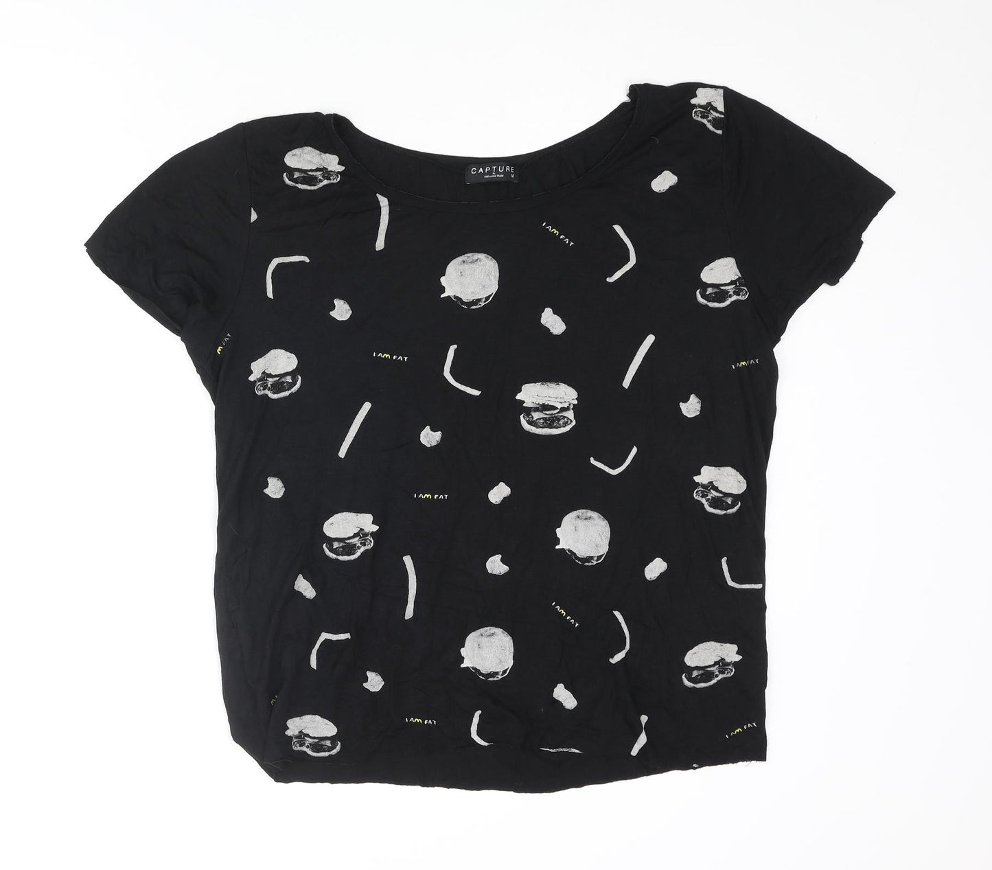 Capture Womens Black Viscose Basic T-Shirt Size M Round Neck - Fast Food Front Print