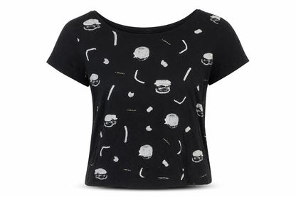Capture Womens Black Viscose Basic T-Shirt Size M Round Neck - Fast Food Front Print