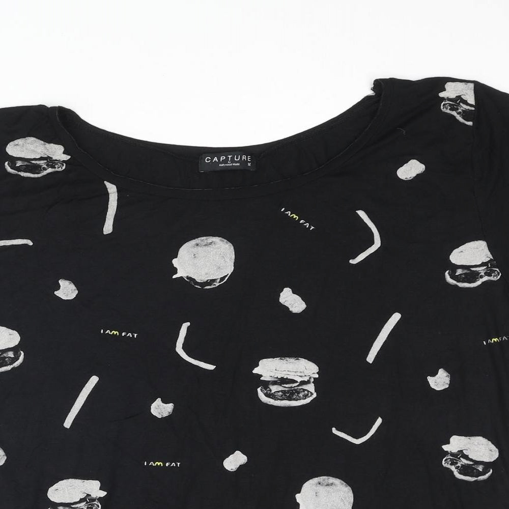 Capture Womens Black Viscose Basic T-Shirt Size M Round Neck - Fast Food Front Print