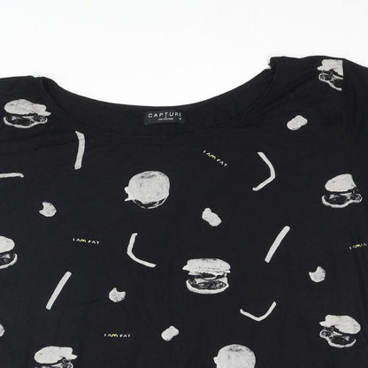 Capture Womens Black Viscose Basic T-Shirt Size M Round Neck - Fast Food Front Print
