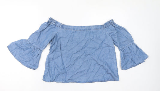 FOREVER 21 Womens Blue Lyocell Basic T-Shirt Size S Off the Shoulder