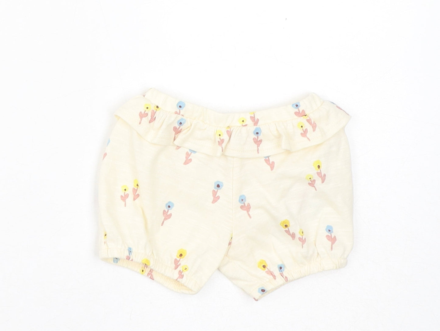 Marks and Spencer Girls Yellow Floral Cotton Cropped Trousers Size 0-3 Months Pullover - 1 Month, Inside Leg 2in