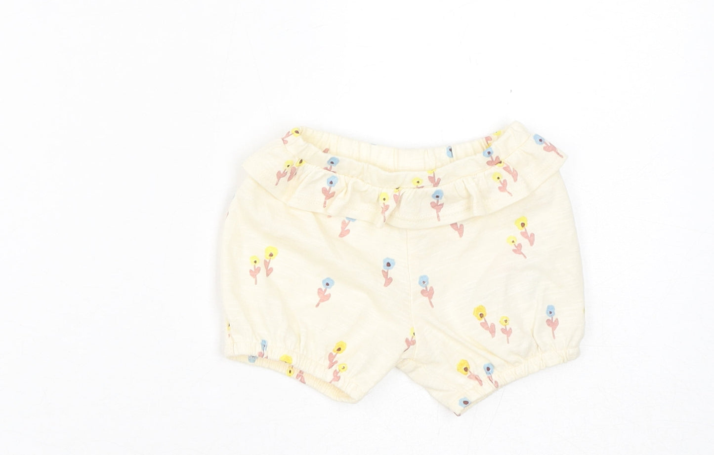 Marks and Spencer Girls Yellow Floral Cotton Cropped Trousers Size 0-3 Months Pullover - 1 Month, Inside Leg 2in