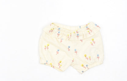 Marks and Spencer Girls Yellow Floral Cotton Cropped Trousers Size 0-3 Months Pullover - 1 Month, Inside Leg 2in