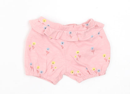 Marks and Spencer Girls Pink Floral Cotton Cropped Trousers Size 0-3 Months Pullover - 1 Month, Inside Leg 2in