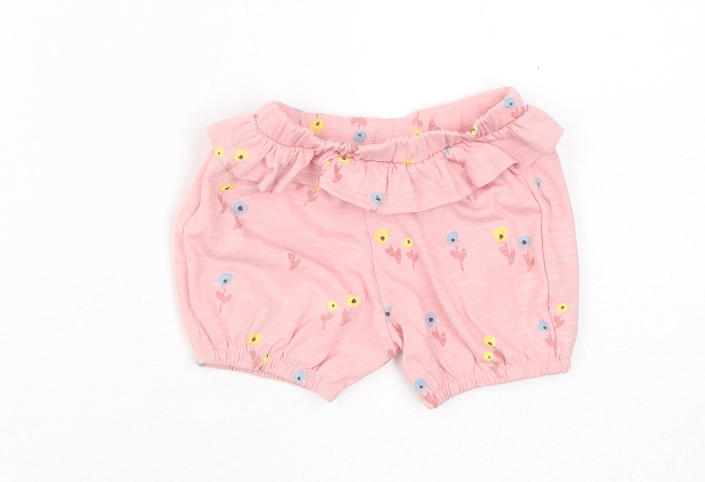 Marks and Spencer Girls Pink Floral Cotton Cropped Trousers Size 0-3 Months Pullover - 1 Month, Inside Leg 2in