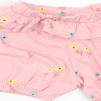 Marks and Spencer Girls Pink Floral Cotton Cropped Trousers Size 0-3 Months Pullover - 1 Month, Inside Leg 2in