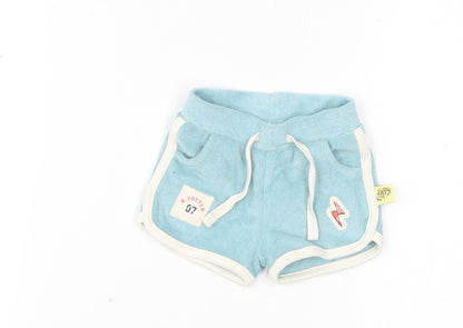 Marks and Spencer Boys Blue Cotton Cropped Trousers Size 3-6 Months Drawstring - Inside Leg 2in