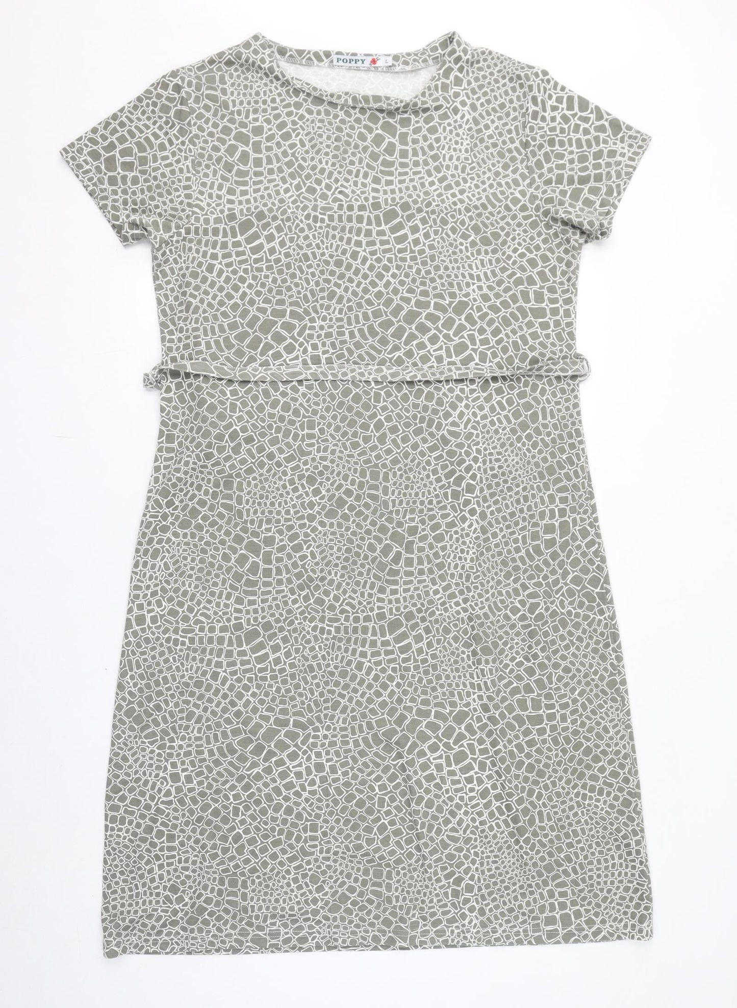 Poppy Womens Grey Geometric Polyester T-Shirt Dress Size L Round Neck Pullover