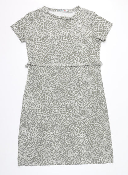 Poppy Womens Grey Geometric Polyester T-Shirt Dress Size L Round Neck Pullover
