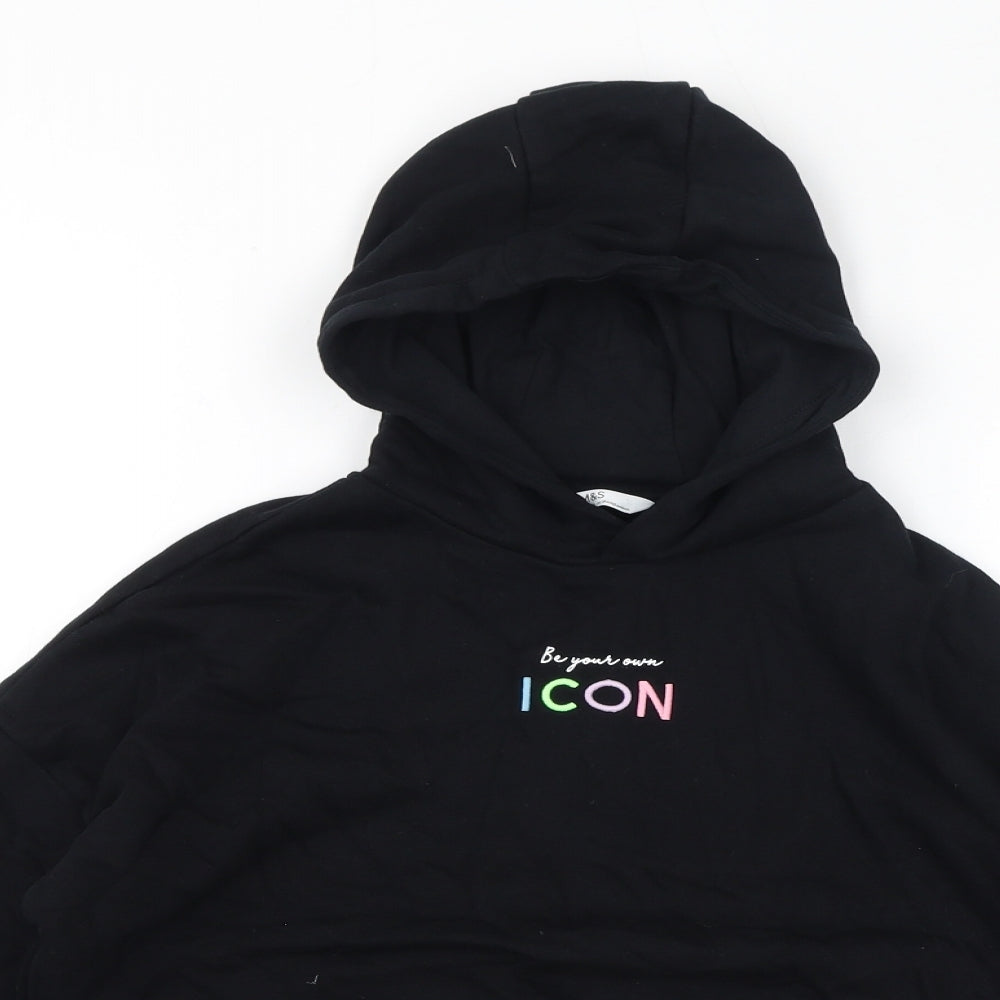 Marks and Spencer Girls Black Cotton Pullover Hoodie Size 9-10 Years Pullover - Be Your Own Icon, Cropped