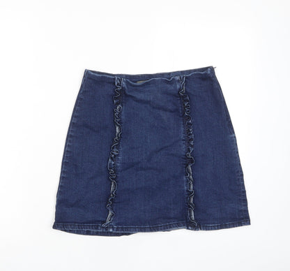 Oasis Womens Blue Cotton A-Line Skirt Size 10 Zip - Frill