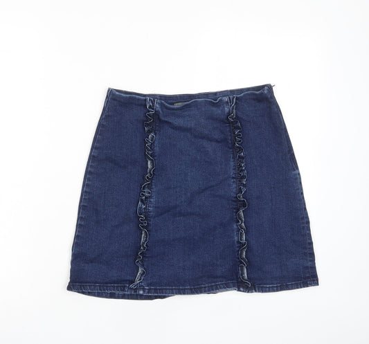 Oasis Womens Blue Cotton A-Line Skirt Size 10 Zip - Frill