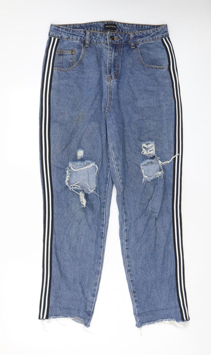 PRETTYLITTLETHING Womens Blue Cotton Straight Jeans Size 12 L28 in Regular Zip - Pockets