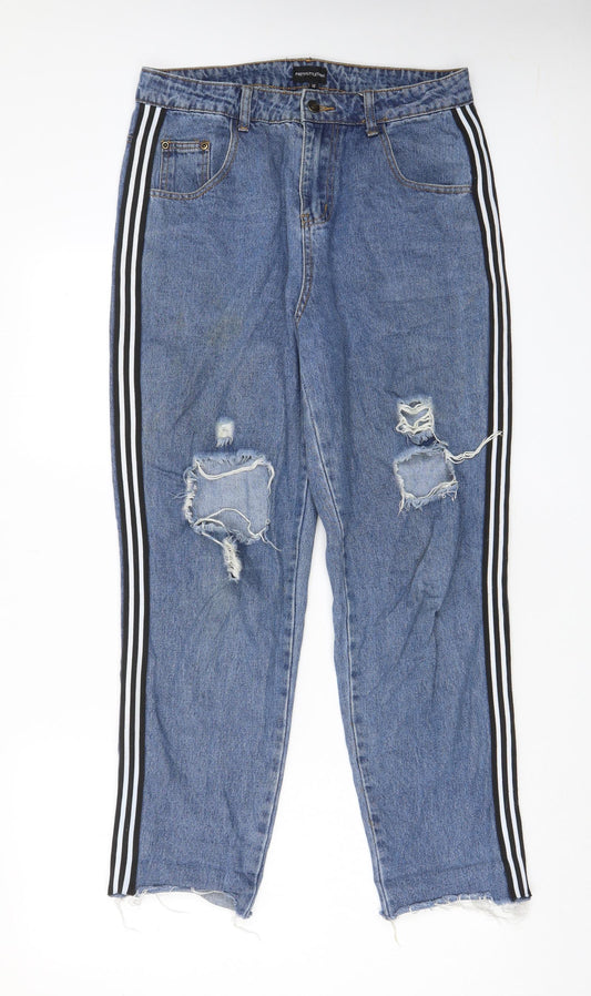 PRETTYLITTLETHING Womens Blue Cotton Straight Jeans Size 12 L28 in Regular Zip - Pockets