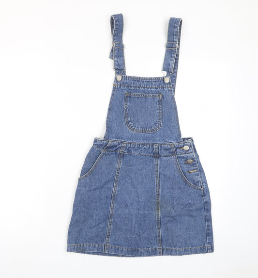 NEXT Womens Blue Cotton Pinafore/Dungaree Dress Size 6 Square Neck Button - Pockets