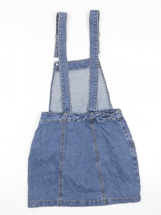 NEXT Womens Blue Cotton Pinafore/Dungaree Dress Size 6 Square Neck Button - Pockets