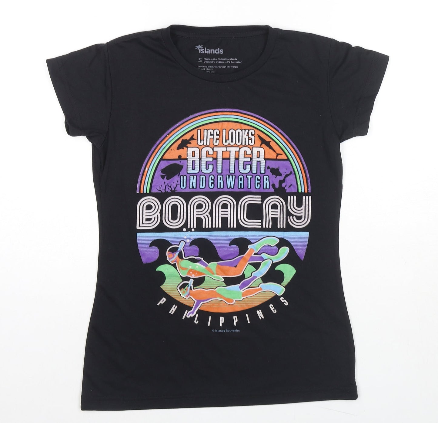 Islands Womens Black Cotton Basic T-Shirt Size S Round Neck - Boracay Thing Look Better Underwater