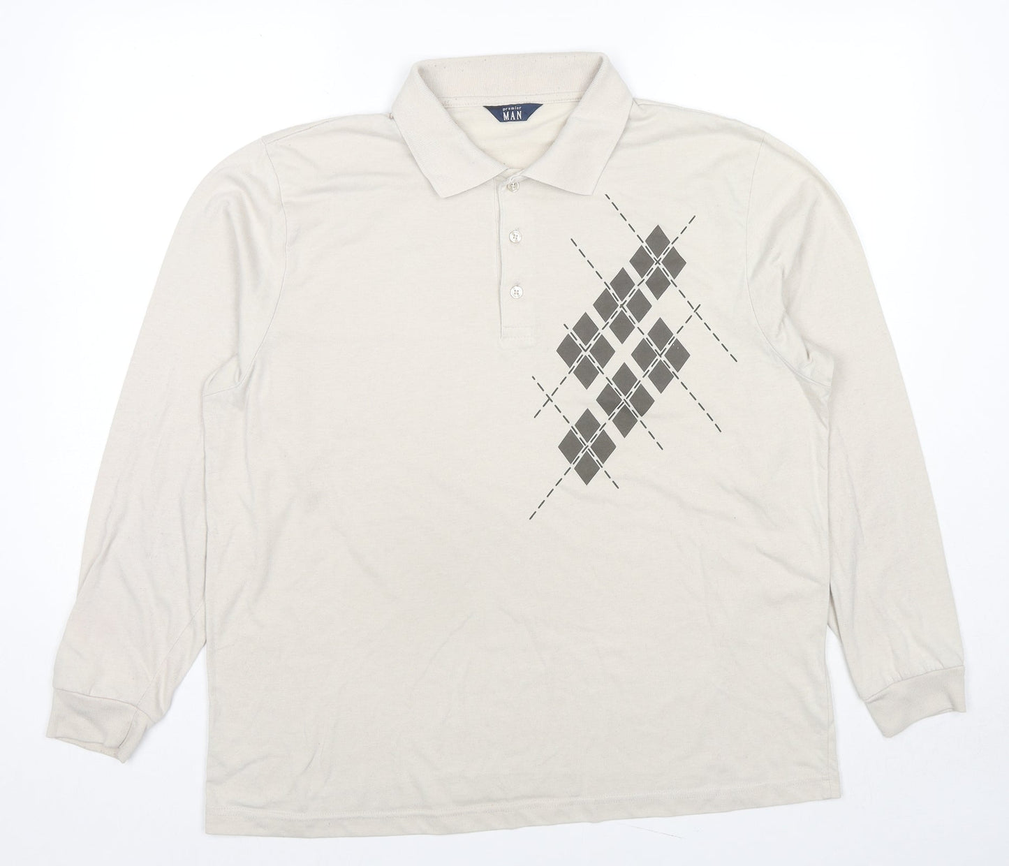 Premier Man Mens Beige Geometric Polyester Polo Size L Collared Pullover