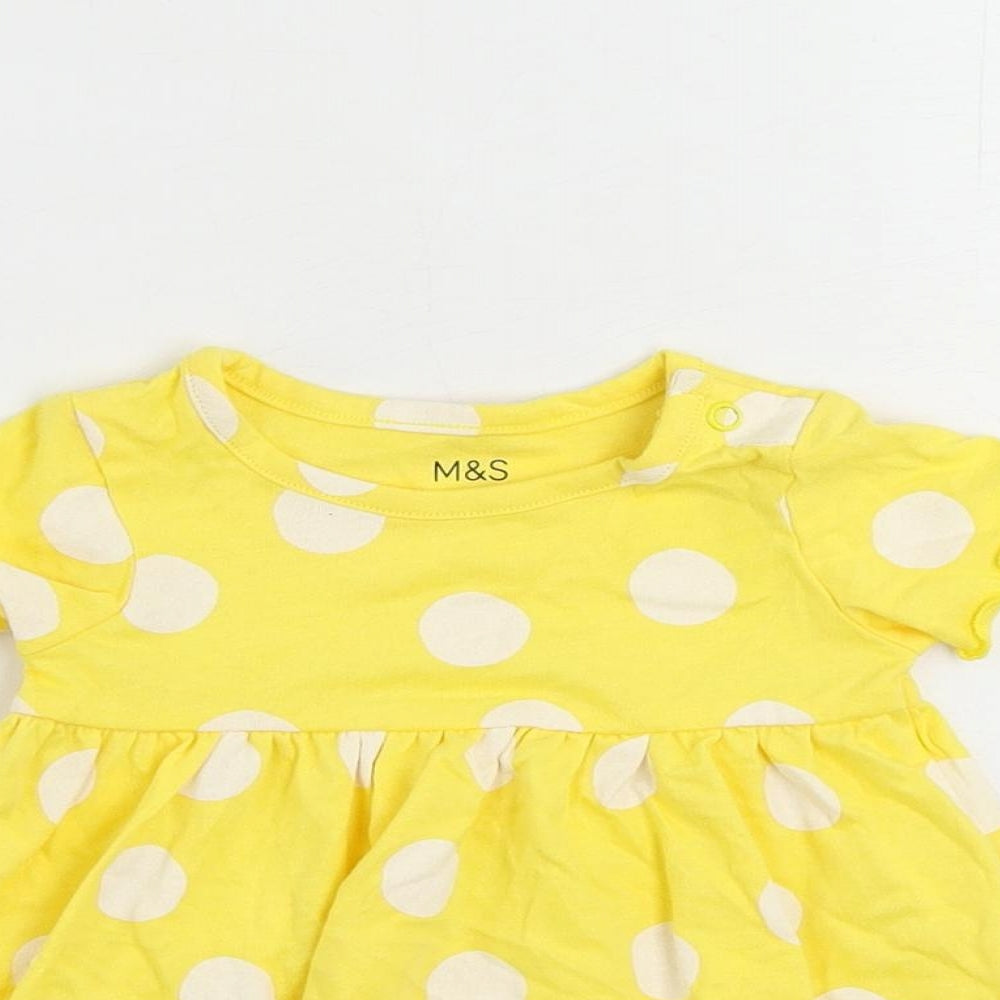 Marks and Spencer Girls Yellow Polka Dot Cotton A-Line Size 3-6 Months Round Neck Snap