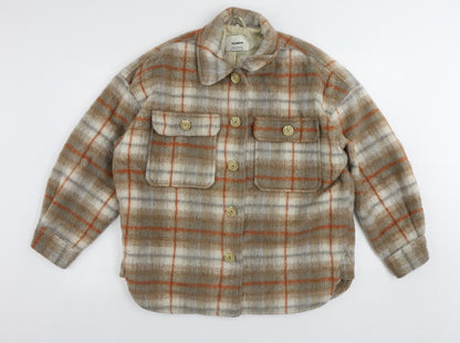 Pull&Bear Womens Brown Plaid Jacket Size S Button - Oversized