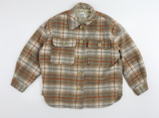 Pull&Bear Womens Brown Plaid Jacket Size S Button - Oversized