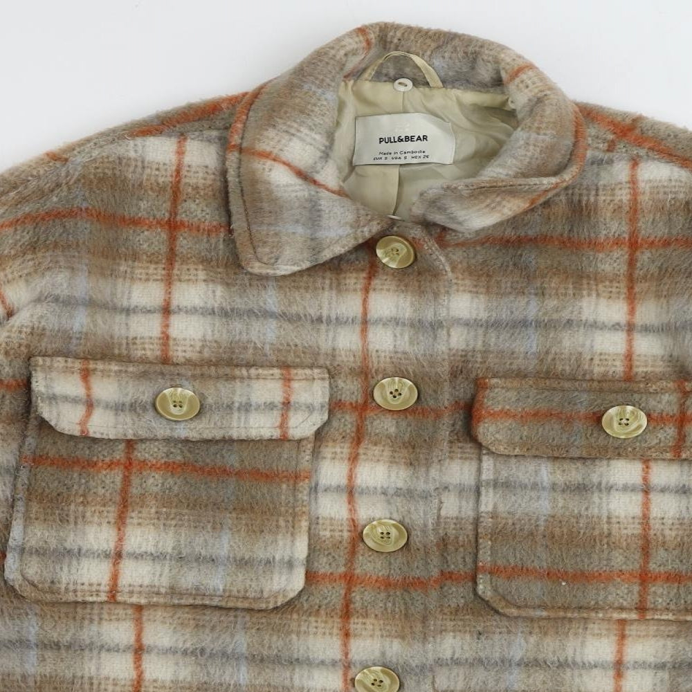Pull&Bear Womens Brown Plaid Jacket Size S Button - Oversized