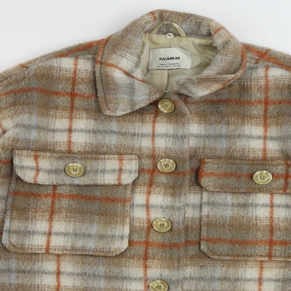 Pull&Bear Womens Brown Plaid Jacket Size S Button - Oversized