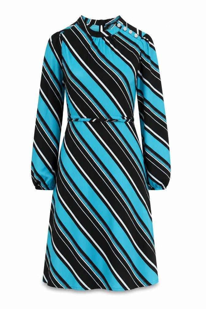 Marks and Spencer Womens Blue Striped Polyester A-Line Size 10 Mock Neck Button