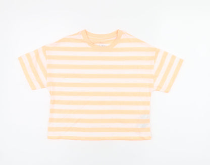 Marks and Spencer Boys White Striped Cotton Basic T-Shirt Size 7-8 Years Round Neck Pullover