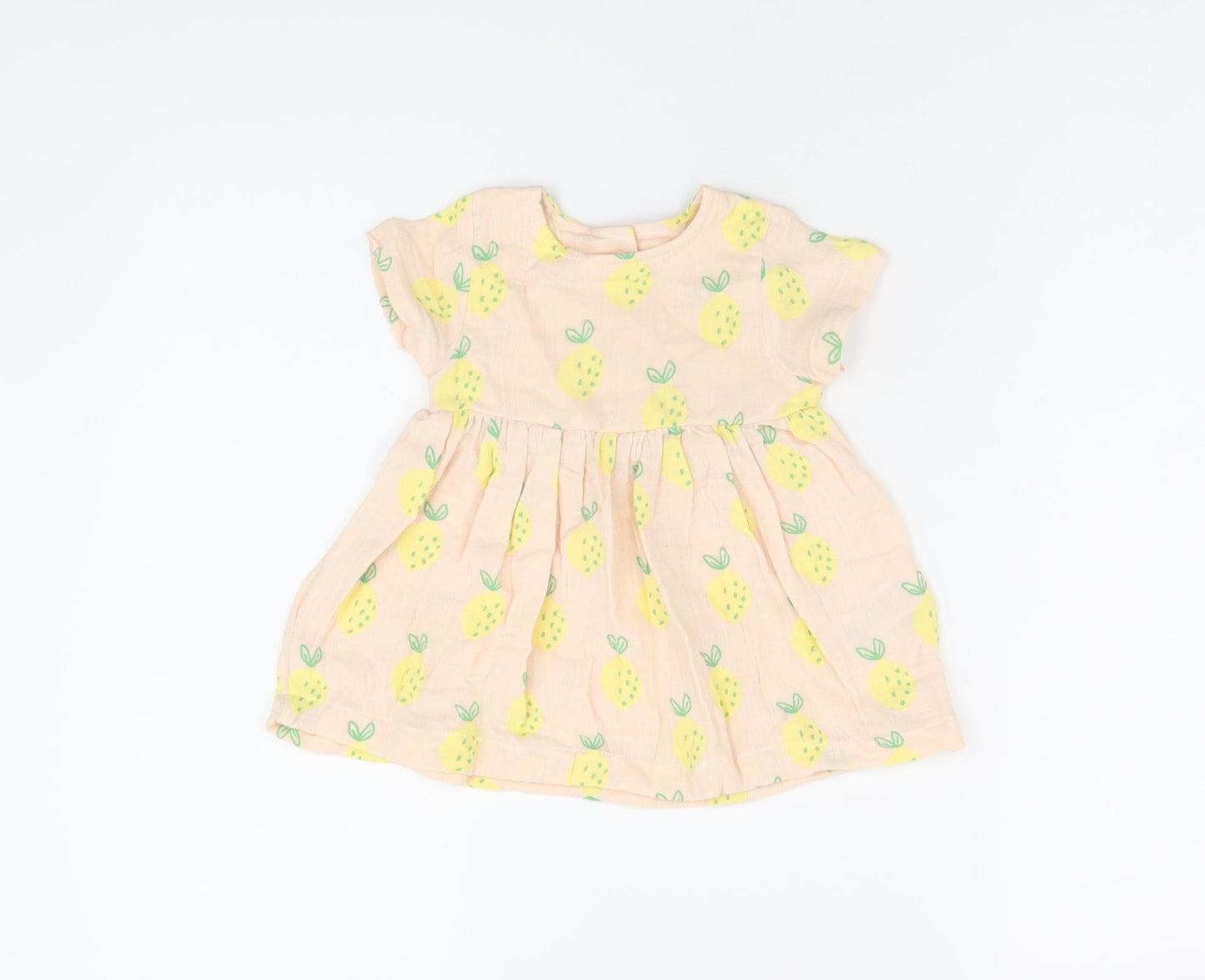 Marks and Spencer Girls Pink Geometric Cotton A-Line Size 3-6 Months Round Neck Button - Lemon Print