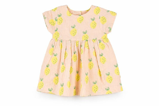 Marks and Spencer Girls Pink Geometric Cotton A-Line Size 3-6 Months Round Neck Button - Lemon Print